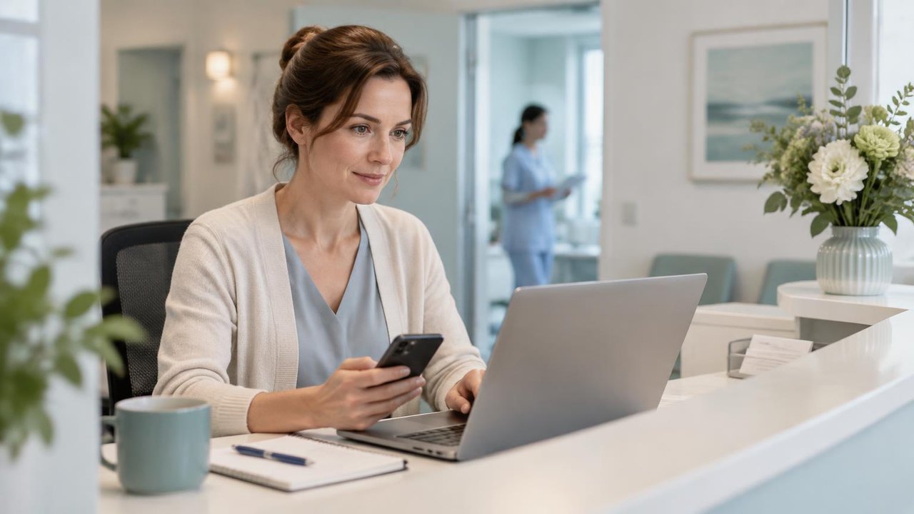 Praxismanagerin antwortet am Empfangstresen einer Arztpraxis auf eine Nachricht am Laptop