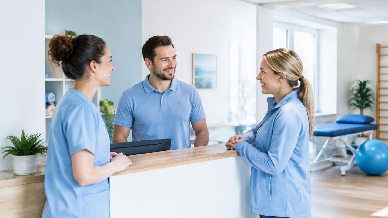 Kleines Praxisteam unterhält sich freundlich am Empfang einer Physiotherapiepraxis