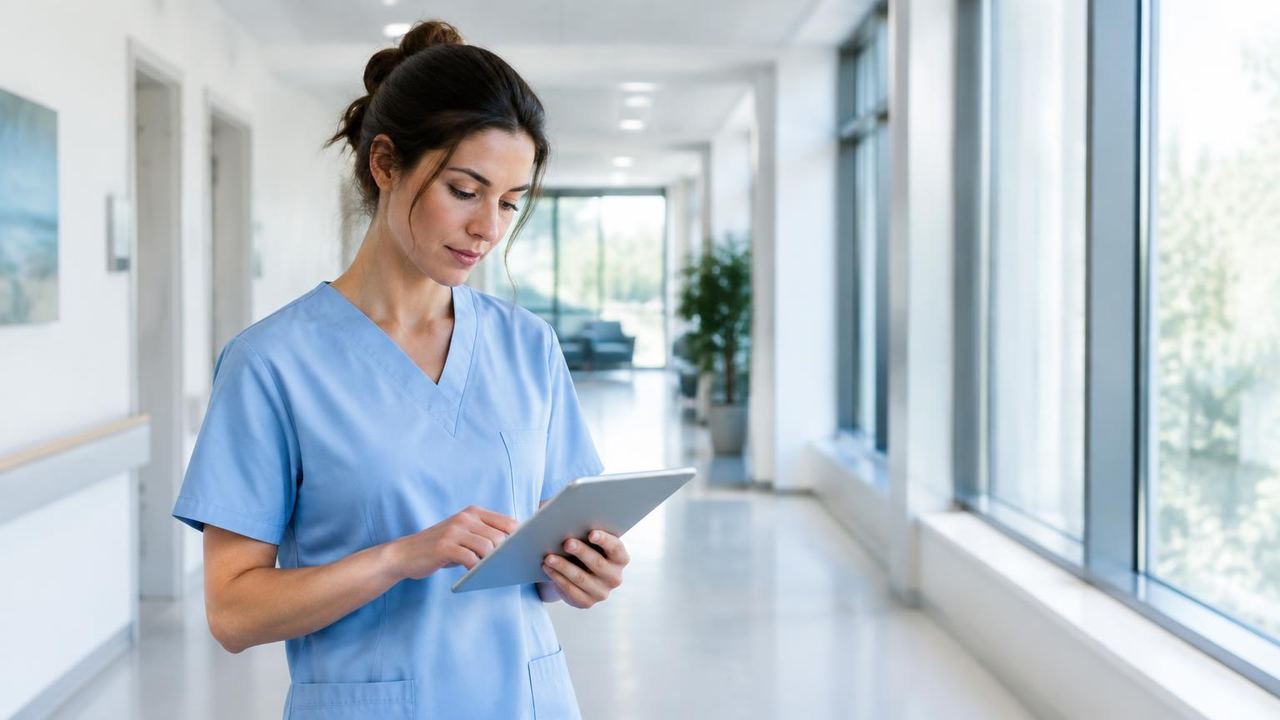 Pflegefachkraft im hellen Klinikflur blickt nachdenklich auf ein Tablet