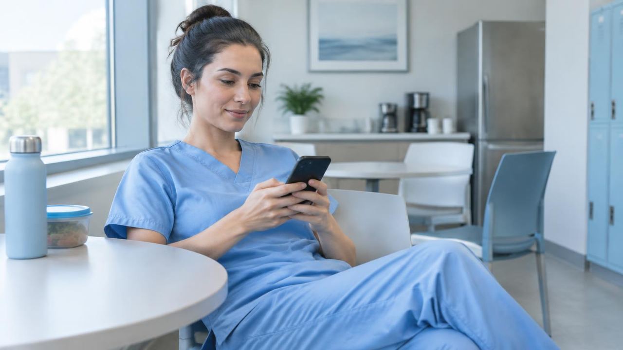 Pflegekraft in der Pause im Aufenthaltsraum schaut auf ihr Smartphone