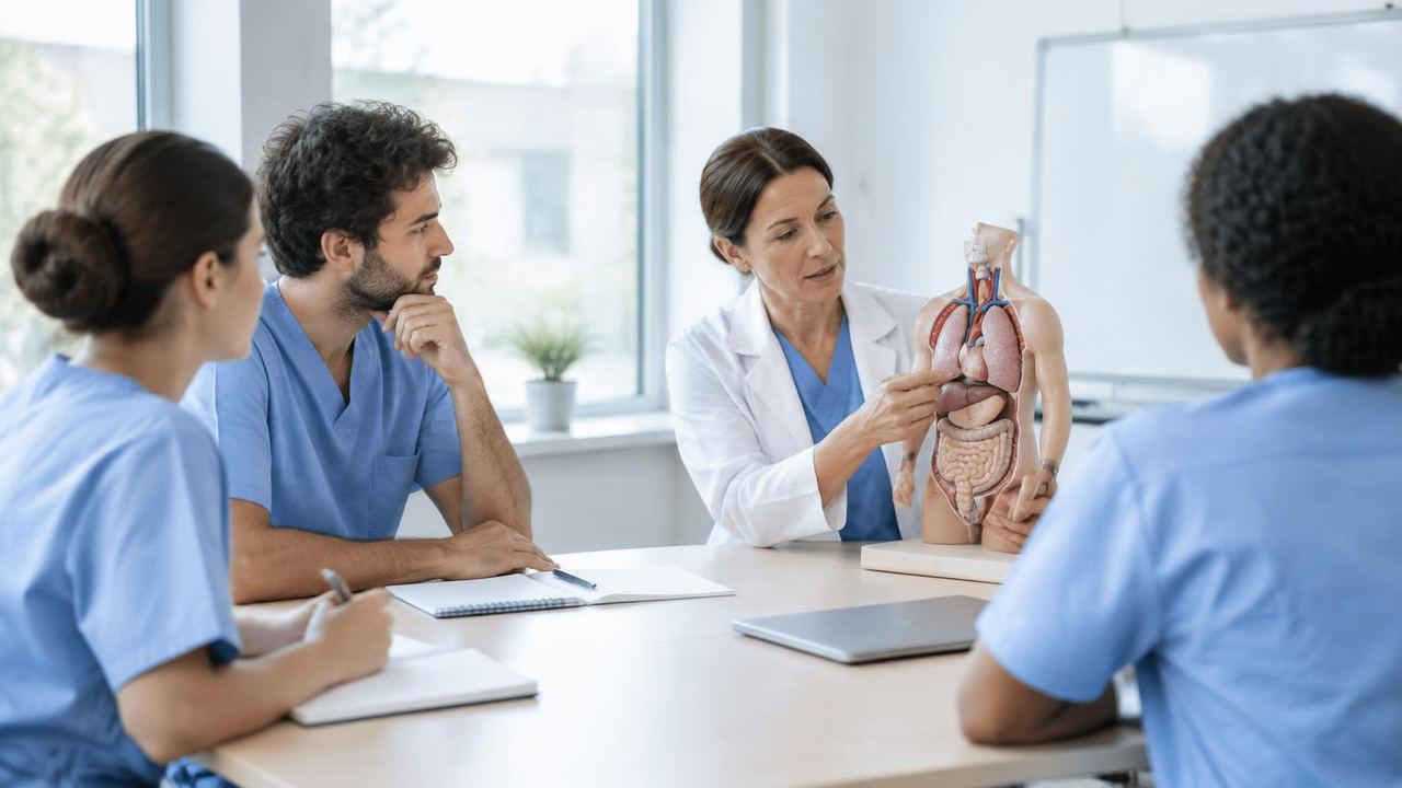Pflege- und Therapiefachkräfte bei einer Weiterbildung mit anatomischem Modell