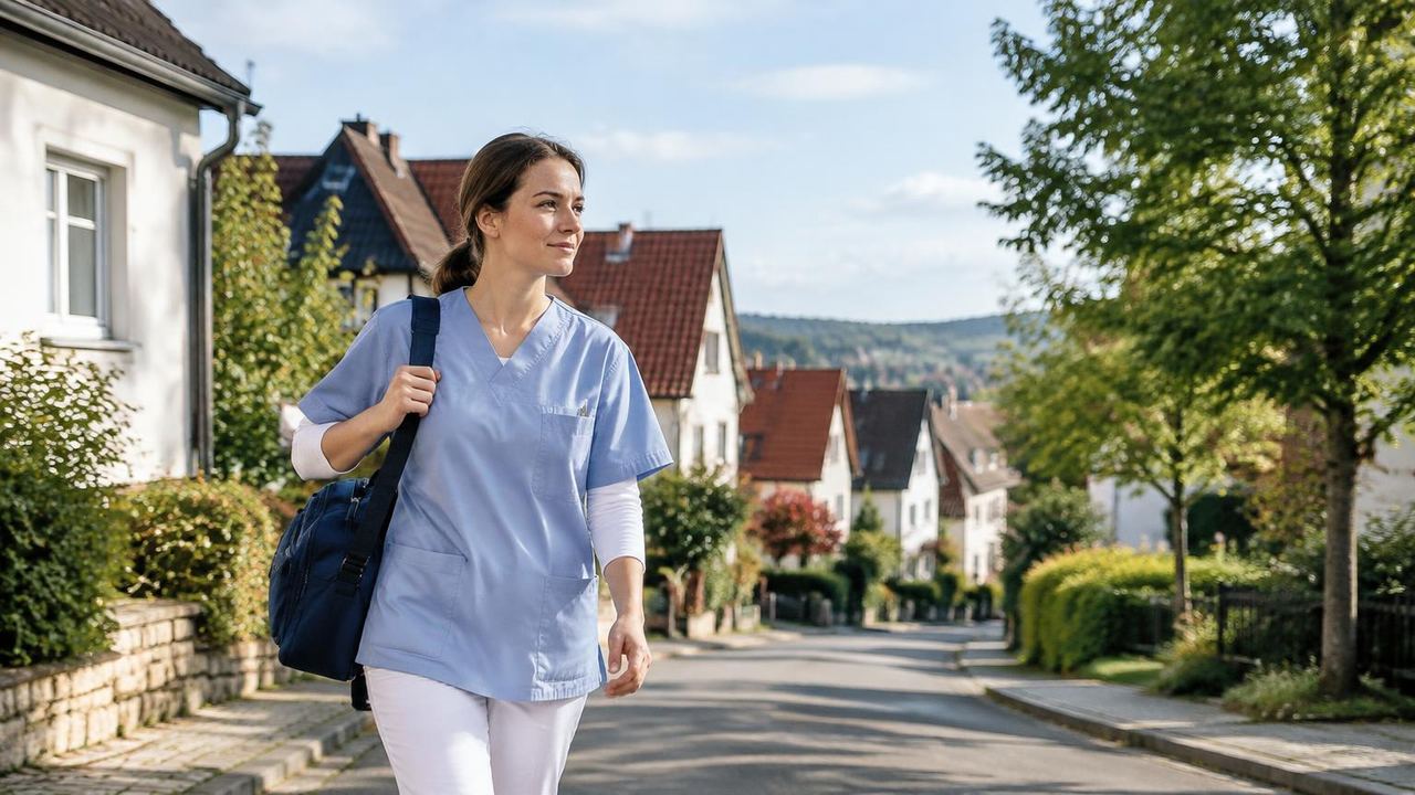 Pflegekraft mit Tasche geht durch eine ruhige Wohnstraße in einer Kleinstadt
