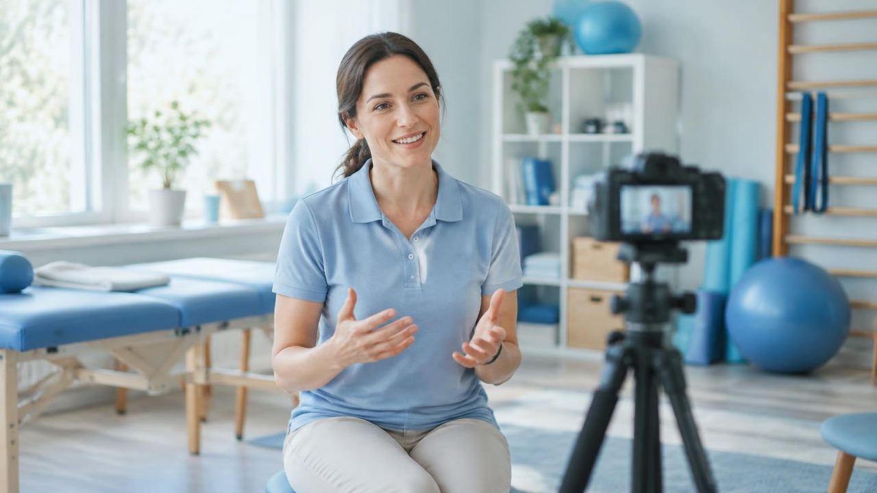 Therapeutin erzählt lächelnd vor einer Kamera auf Stativ in einem Therapieraum