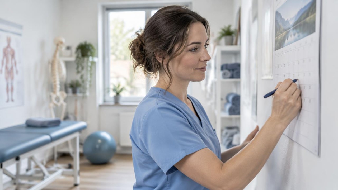 Physiotherapeutin in heller blauer Kleidung markiert einen Termin in einem Wandkalender der Praxis